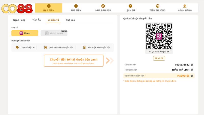 Nạp tiền CO88 bằng ví điện tử